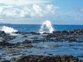 Coastline and rugged lava rocks called DragonÃ¢â¬â¢s Teeth and crashing waves at Makaluapuna Point near Kapalua, Maui, HI, USA